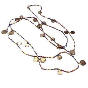 Boho Inspired Multi Color Seed Bead and Gold Disc Charm Necklace